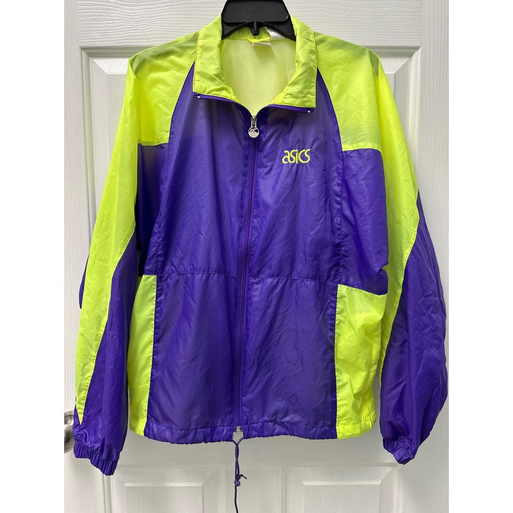 Vintage Asics Windbreaker Jacket Mens Medium Neon Yellow Purple Colorblock FLAWS